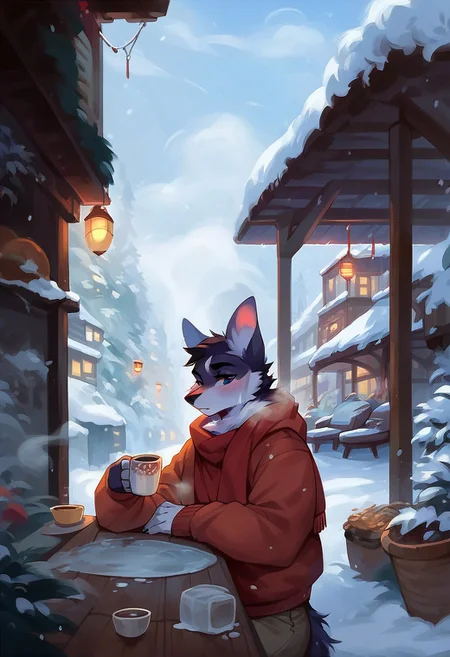 score_9, score_8_up, score_7_up, ,anthro, furry, random emotions, warm clothes, snowfall, frost, winter, a cafe, have a hot drink,steam,