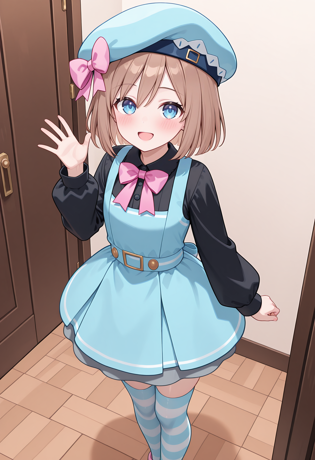 highres, best quality, masterpiece, indoors,
1girl, solo, nptrom, brown hair, short hair, blue eyes,
nromaca, hair bow, pink bow, beret, blue headwear, hat bow, blue dress, pink bowtie, pinafore dress, black shirt, long sleeves, grey skirt, skirt under dress, striped thighhighs, blue thighhighs, 
looking at viewer, blush, smile,
standing, hand up, open mouth, 
from above,
<lora:_rom_neptunia-elesico-ilxlB-000013:1>