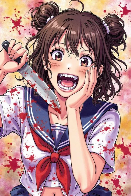 itacomic1 illustration. masterpiece, best quality, amazing quality, very aesthetic, absurdres, newest, scenery, 1girl, toga himiko, teeth, open mouth, blood on face, smile, double bun, crazy eyes, holding knife, hand on own cheek, upper body, school uniform backlighting, from above, dutch angle, , close-up, photorealistic, dutch angle, (colorful), from above, (((paint splatter))),fisheye, , masterpiece, best quality, amazing quality, very aesthetic, absurdres, newest, scenery, volumetric lighting <lora:itacomic_mima3_fl_d4a2e8:1.0><lora:800893821962481291:0>