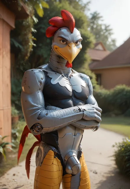 safe_pos, score_9, score_8_up, score_7_up, score_6_up, Scratch, Badnik, robot, metal skin, bird, rooster, beak, male, solo, blurred background, cowboy shot, seductive look, sexy pose