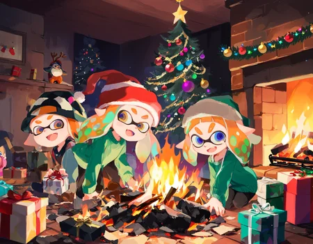 ComfyUI txt2img: cozy shot of inkling siblings wearing different clothing near a destroyed christmas tree unboxing presents, excitement, open mouth gasp, fireplace, present arson, coal, harsh lighting, cute,
A1111 inpaint: <lora:splatoonxl28:1> pants, cozy shot of an inkling family gathered around a christmas tree unboxing presents, excitement, fireplace, early morning lighting