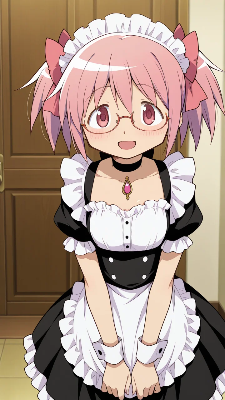 smile, open mouth, glasses, masterpiece, best quality, amazing quality, very aesthetic, absurdres, newest, anime screencap, <lora:kanamemadokaILM:1>, kaname madoka, hair bow, pink eyes, pink hair, short hair, twintails, short twintails, bow, pink bow, blush,, maid, maid apron, frills, frilled dress, black dress, maid headdress, modern house,