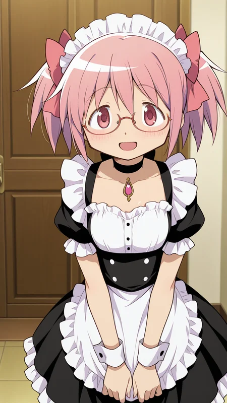 smile, open mouth, glasses, masterpiece, best quality, amazing quality, very aesthetic, absurdres, newest, anime screencap, <lora:kanamemadokaILM:1>, kaname madoka, hair bow, pink eyes, pink hair, short hair, twintails, short twintails, bow, pink bow, blush,, maid, maid apron, frills, frilled dress, black dress, maid headdress, modern house,