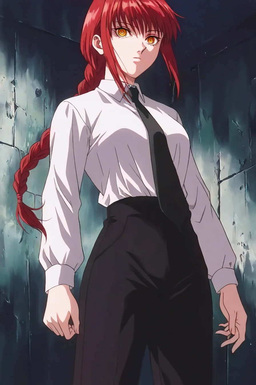 <lora:mak1ma0XL_Pony_v1:0.6> , mak1ma0, (makima:0.6), red hair, long hair, ringed eyes, braid, white collared shirt,black necktie, black pants, 1girl, solo, alone, <lora:hunter_x_hunter_1999_style_illustriousXL:1>, hxh_1999_style, masterpiece, highres