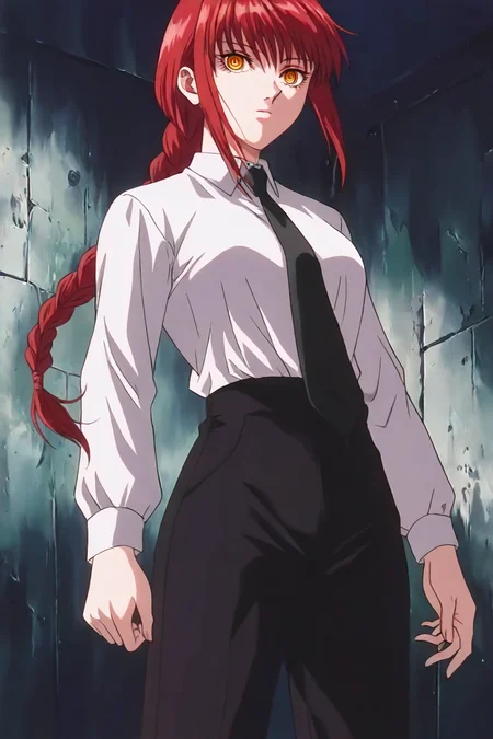 <lora:mak1ma0XL_Pony_v1:0.6> , mak1ma0, (makima:0.6), red hair, long hair, ringed eyes, braid, white collared shirt,black necktie, black pants, 1girl, solo, alone, <lora:hunter_x_hunter_1999_style_illustriousXL:1>, hxh_1999_style, masterpiece, highres