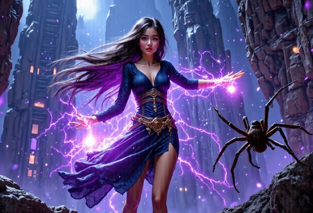 1younggirl, Masterpiece, 8k, ultra high detail, score_7 up,
volumetric lighting, vivid colors, vibrant colors, score_8_up, score_9, very small breast size, very long open midnightblack hair with nightblue shiver, fcNeg, stunning blue halfasian eyes, suntan skin, small nose, innocent beauty, slim face, cute face, skinny body, perfect body, extreme detailed body, intence blue eyes, perfect face, ultra high detailed face, perfect eyes, very petite, human ears,
Innocent face, innocent beauty,
Tan Poor Medieval fantasy clothes, ready to fight,
using violett powerfull magic, magic violett lighting, highly concentrated, casting spell with both hands,
Huge magical temple in background, fighting agains huge spider, surrounded by spider, spiderweb,
Fighting agains monsters, using Powerfull magic, using attack magic, fighting scene, Final Attack, aura, magic, bright eyes, BadDream, final magic attack, ultimate magic attack, energy aura, massive magic attack,
Kamehameha-Charge,hands cupped together,bent elbows,arms on waist level, holding a glowing orb with massive energy vortex, massive intense magic vortex whirling around girl, mythp0rt, detailed hands,
