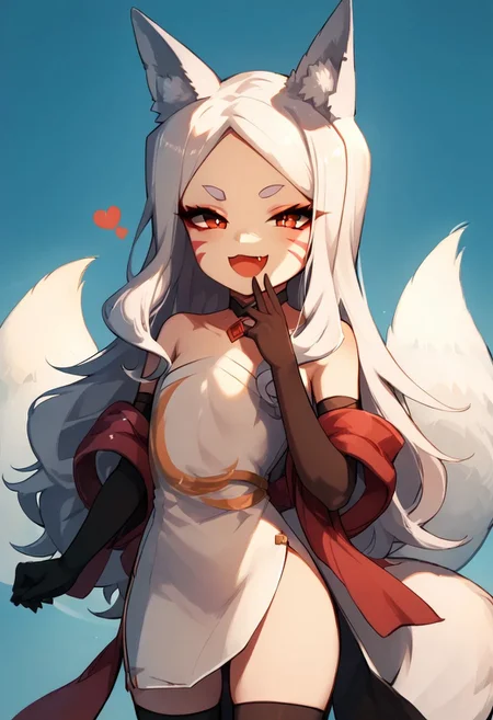 masterpiece, best quality, score_9, score_8_up, score_7_up, score_6_up, 18year old, mesugaki, smug, skin fang, hand to own mouth,Expressiveh,Shiro,
1girl, animal_ears, solo, tail, thighhighs, gloves, long_hair, fox_ears, dress, elbow_gloves, fox_tail, black_thighhighs, black_gloves, simple_background, red_eyes, hands_on_hips, facial_mark, choker, smile, white_dress, fox_girl, strapless, shawl, looking_at_viewer, white_hair, strapless_dress