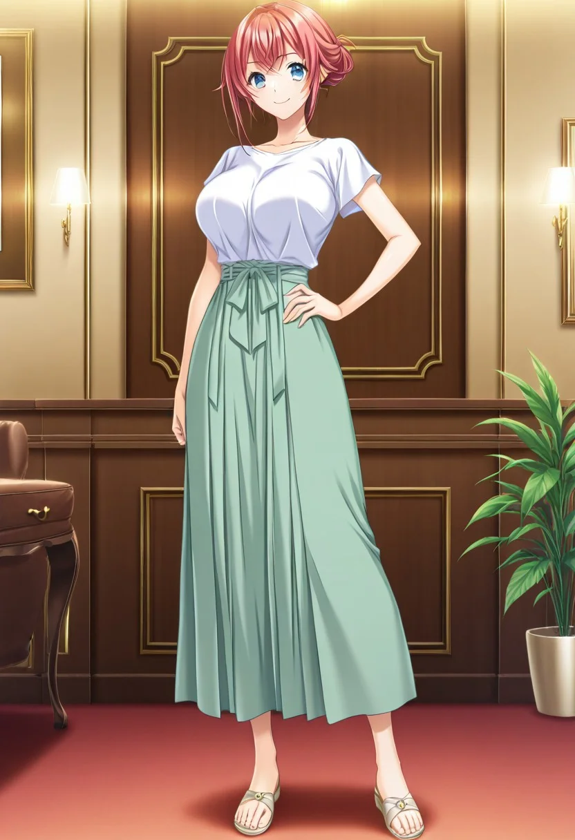 general,highres, ultra-detailed,very aesthetic,best quality ,best hands,masterpiece, best quality, newest, highres, score_9, score_8_up, score_7_up, source_anime, rating_explicit,1girl, yokota mamoru style,motion lines,,Very straight nose,slim,slender face,perfect nose
hanasaki koharu, blue eyes, orange hair,side hair,slim,big breasts,long hair, chest lenth hair,sidelocks,
Hair bun
anime screencap,
1girl, solo, skirt, breasts, green skirt, hand on hip, full body, large breasts, shirt, smile, white shirt, blue eyes, long skirt, looking at viewer, standing, short sleeves, , bangs, sandals, closed mouth, braid
Interior, luxury room, lighting, green plants, luxurious atmosphere, luxurious furniture