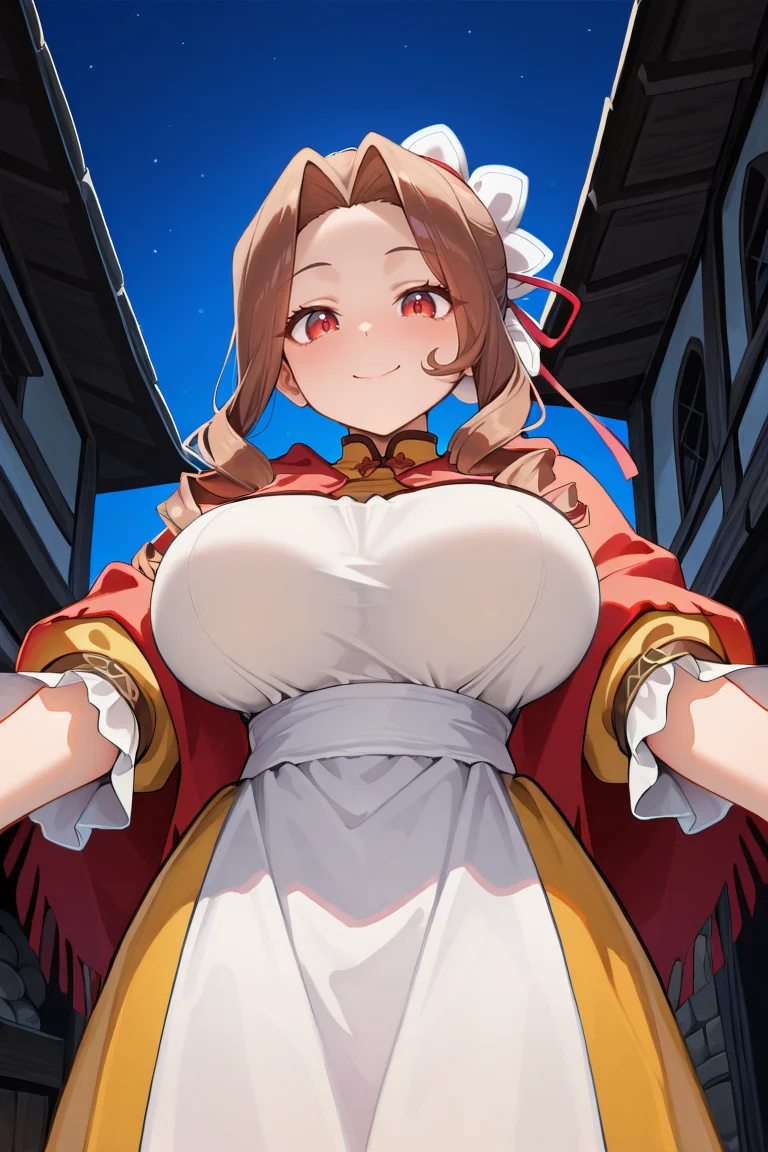 masterpiece, very aesthetic, absurdres, best quality, amazing quality, high resolution, <lora:illustrious_quality_modifiers_masterpieces_v1:0.8> , <lora:ChamIllustriousBackgroundEnhancer:0.5>, solo, <lora:MistelIL:0.7> , misdef, 1girl, long hair, long sidelocks, drill sidelocks, brown hair, red eyes, bun cover, hair ornament, single hair bun, hair ribbon, ribbon, dress, yellow shirt, sleeves past elbows, frilled sleeves, yellow skirt, red shawl, white apron, apron, apron over yellow shirt, cowboy shot, exterior, night, medieval village, medieval fantasy, smile, looking at viewer, huge breasts, motherly, housewife, reaching towards viewer, from below, looking down,