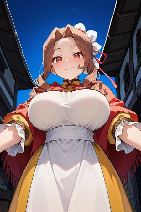 masterpiece, very aesthetic, absurdres, best quality, amazing quality, high resolution, <lora:illustrious_quality_modifiers_masterpieces_v1:0.8> , <lora:ChamIllustriousBackgroundEnhancer:0.5>, solo, <lora:MistelIL:0.7> , misdef, 1girl, long hair, long sidelocks, drill sidelocks, brown hair, red eyes, bun cover, hair ornament, single hair bun, hair ribbon, ribbon, dress, yellow shirt, sleeves past elbows, frilled sleeves, yellow skirt, red shawl, white apron, apron, apron over yellow shirt, cowboy shot, exterior, night, medieval village, medieval fantasy, smile, looking at viewer, huge breasts, motherly, housewife, reaching towards viewer, from below, looking down,
