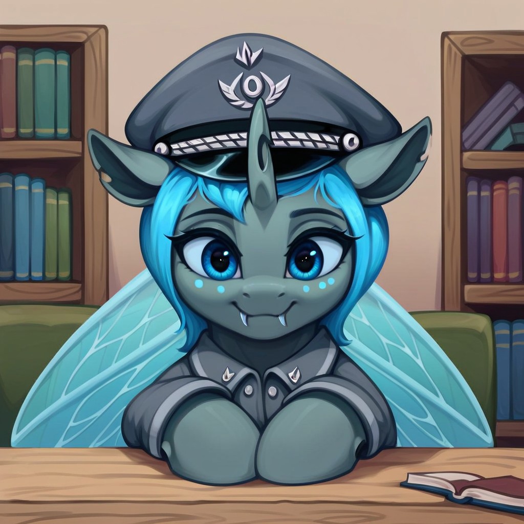 masterpiece, score_9_up, score_8_up, score_7_up, score_6_up, (best quality:1.1), ultra-detailed, high resolution, solo, Carolina Phymata, changeling oc, female, mlp, feral, gray skin, short blue mane, ((beautiful detailed blue eyes)), long eyelashes, eyebrows, blue freckles, blue insect wings, tail, single horn, smile, (fang, fang out), ears, military uniform, military patches, peaked cap BREAK black indoors, forest home, wooden table, sitting, leaning on table, bookshelf, chair, books, inkwell, three quarter view, looking down, detailed facial features, expressiveh, highly visible, sharp focus, anatomically correct, detailed background