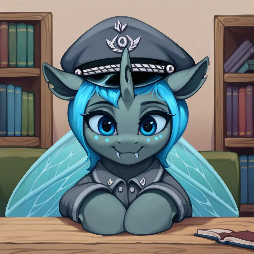 masterpiece, score_9_up, score_8_up, score_7_up, score_6_up, (best quality:1.1), ultra-detailed, high resolution, solo, Carolina Phymata, changeling oc, female, mlp, feral, gray skin, short blue mane, ((beautiful detailed blue eyes)), long eyelashes, eyebrows, blue freckles, blue insect wings, tail, single horn, smile, (fang, fang out), ears, military uniform, military patches, peaked cap BREAK black indoors, forest home, wooden table, sitting, leaning on table, bookshelf, chair, books, inkwell, three quarter view, looking down, detailed facial features, expressiveh, highly visible, sharp focus, anatomically correct, detailed background
