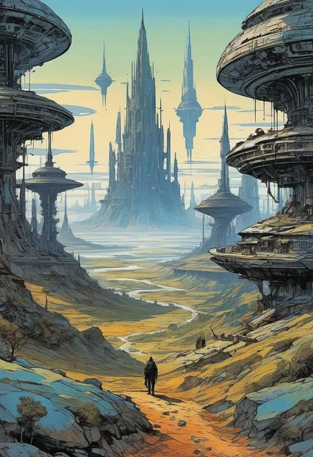 <lora:kallmekris:0.5> kallmekris mixed with <lora:esme_sdxl:0.5> esme , Background is stunning alien village scenery, new planet, alien settlement, alien worlddetailed and intricate environment, oil painting, palette knife soft brushstrokes, heavy strokes, dripping paint, art station on trend, sharp focus, intricate details, highly detailed ,art by enki bilal, art by philippe druillet, art by moebius, inspired by french comics art ,art by Jakub Rozalski, 1920+ Poland