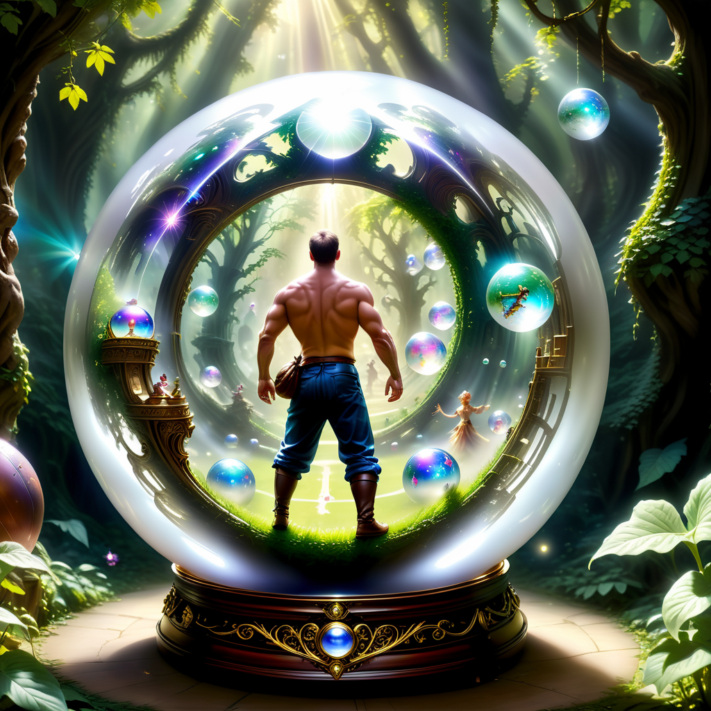 a man in a Jed-Gball  , the ball is in a magical world surrounded by fairys , <lora:add-detail-xl:1>,  <lora:WowifierXL-V2:1>,   <lora:Jed-Glassball:0.5>