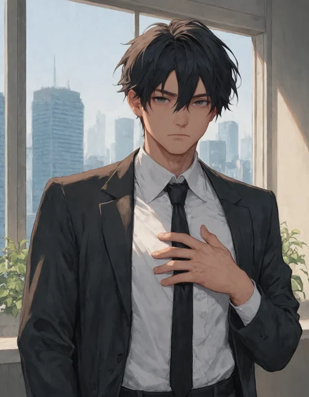 score_9, score_8_up, score_7_up, solo, looking at viewer, shirt, black hair, 1boy, hair between eyes, closed mouth, suit jacket, white shirt, upper body, collared shirt, black necktie, hand on own chest, skyscraper, window, <lora:sn0w:1>