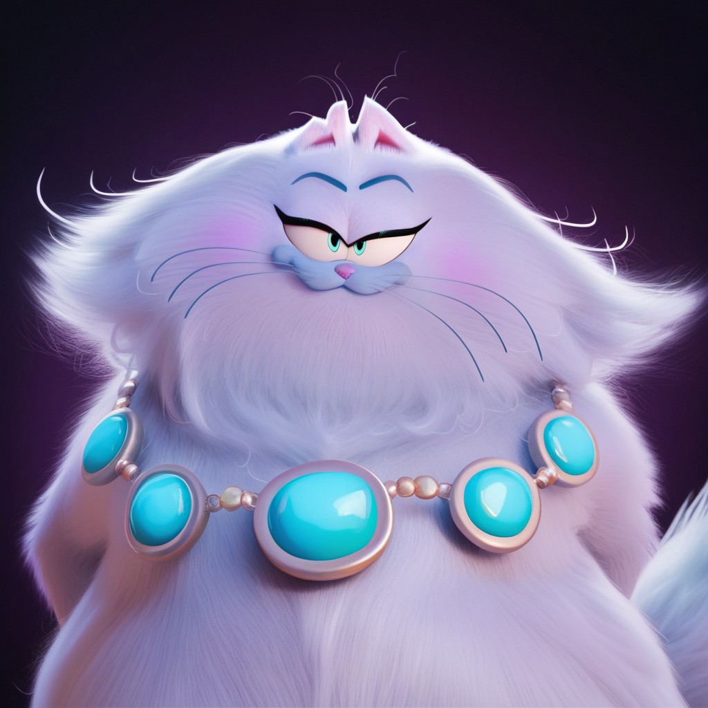 score_9, score_8_up, score_7_up, masterpiece, best quality, highly detailed, realistic, 1girl, solo, (JinxGF,furry, anthro, feline, female cat, persian cat, cut ear, pink inner ear, blue eyebrows, thin eyebrows, light-blue eyes, black pupils, pink nose, pink cheeks, whiskers, white body, white fur, tail, fluffy tail, overweight female, neckwear, blue necklace), looking at viewer, smile, closed mouth, Expressiveh, purple background, simple background