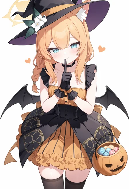 ,mari \(blue archive\), 1girl, solo, long hair, looking at viewer, blush, smile, blue eyes, simple background, white background, gloves, dress, thighhighs, hat, hair between eyes, closed mouth, braid, heart, cowboy shot, frills, wings, black gloves, alternate costume, choker, black thighhighs, striped clothes, orange hair, black dress, black headwear, single braid, witch hat, frilled dress, index finger raised, black wings, finger to mouth, halloween, halloween costume, yellow halo, shushing, orange dress, animal ear headwear, halloween bucket,<lora:Nonddu_Style_NBV1.safetensors:0.95:1>,,masterpiece,best quality,newest,absurdres,highres,very awa,detail background <lora:None:0.9500000000000002>