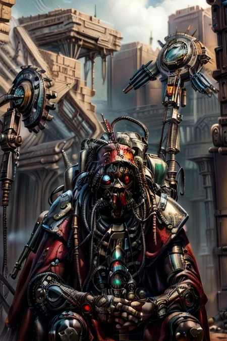 ((masterpiece,best quality)), absurdres, BREAK
mechanical arms, robes, hood, BREAK
((techpriest)), cyborg, mechanical face, mechanical limbs, gas mask, mechanical tentacles, (mechanical backpack), red cloak, BREAK
1other, solo, holding axe, weapon, axe, BREAK
(cyber_africa),