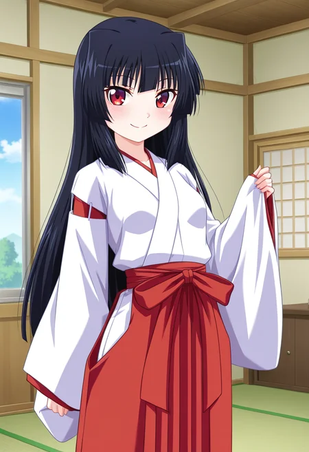 masterpiece, best quality, amazing quality, absurdres, 1girl, solo, cowboy shot, youkoww, red eyes, black hair, long hair, small breasts, miko, white kimono, long sleeves, red hakama, hakama skirt, tabi, looking at viewer, smile, indoors, day, skindentation, detailed clothing folds, depth of field, sharp, high contrast, dynamic light <lora:Sakaki_Youko_Doki_Doki_Rooming_ill:0.8>