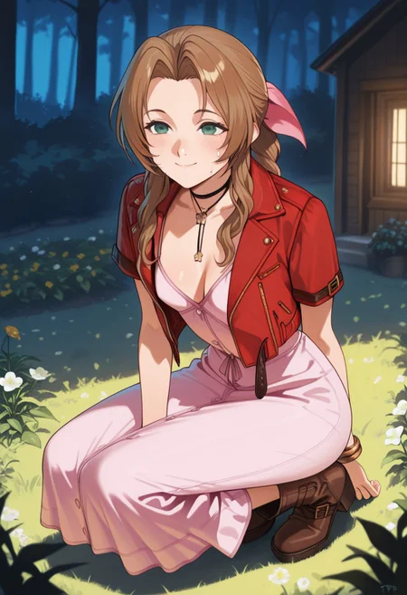 masterpiece,best quality,amazing quality,very aesthetic,absurdres,newest, detailed faces, (((typ0))),, (vibrant, dynamic lighting, edge lighting), (dramatic lighting:1.5),, (detailed faces:1.5), (detailed eyes:1.5), outside, house, garden, flowers,
(1girl: Aerith Gainsborough, DefAerith, red jacket, cropped jacket, bow, choker, long pink dress, short boots, brown boots, brown hair, braided ponytail, long hair, green eyes, hair ribbon, petite, skinny, slim figure, small teardrop breasts),
smile, squatting, planting flowers