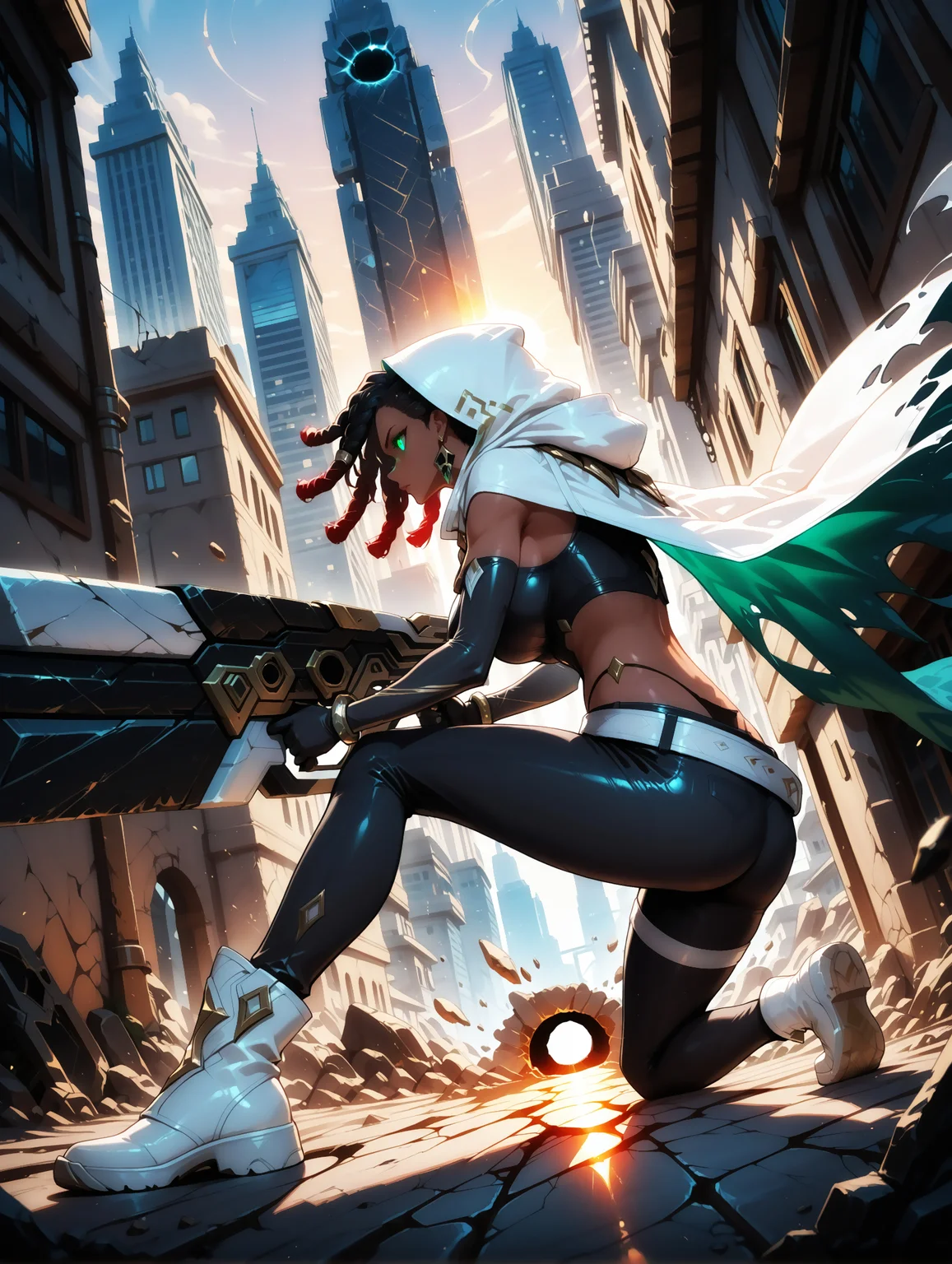 masterpiece, very aesthetic, best quality, solo, amazing quality, imtdsenna, 1girl, view from afar, shooting with her huge weapon, weapon, gun, white weapon, dynamic angle, huge weapon, shooting position, knee on the ground, aiming the gun, aiming, focused face, motion, projectile trajectory, shooting at a building, building with a giant hole, detailed background, city, sunset, tremor, cracks in the ground, dark skin, dark skinned female, face away, dreadlocks, black hair, hood, earrings, crop top, pants, cape, gloves, braid, white belt, belt, elbow gloves, black gloves, white cape, torn cape, black pants, bracelet, fit body, full body, white boots, string panties, highleg panties, black panties, green eyes, glowing eyes