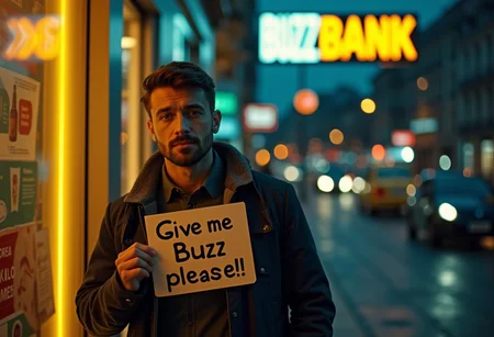 (upper body:1.2) photo of european 30 years old man, man walk in "BUZZ BANK", with yellow lightning neon
beside it, the man holding a big sign that says "Give me Buzz, please!!" (close up:1.2), (looking at the camera:1.3), detailed short hair, 21 century, (looking at the viewer:1.2), gloomy twilight, gloomy atmosphere, cloudy weather, night cinema shot, <lora:CineStyle5:0.7> 111cine8matic55