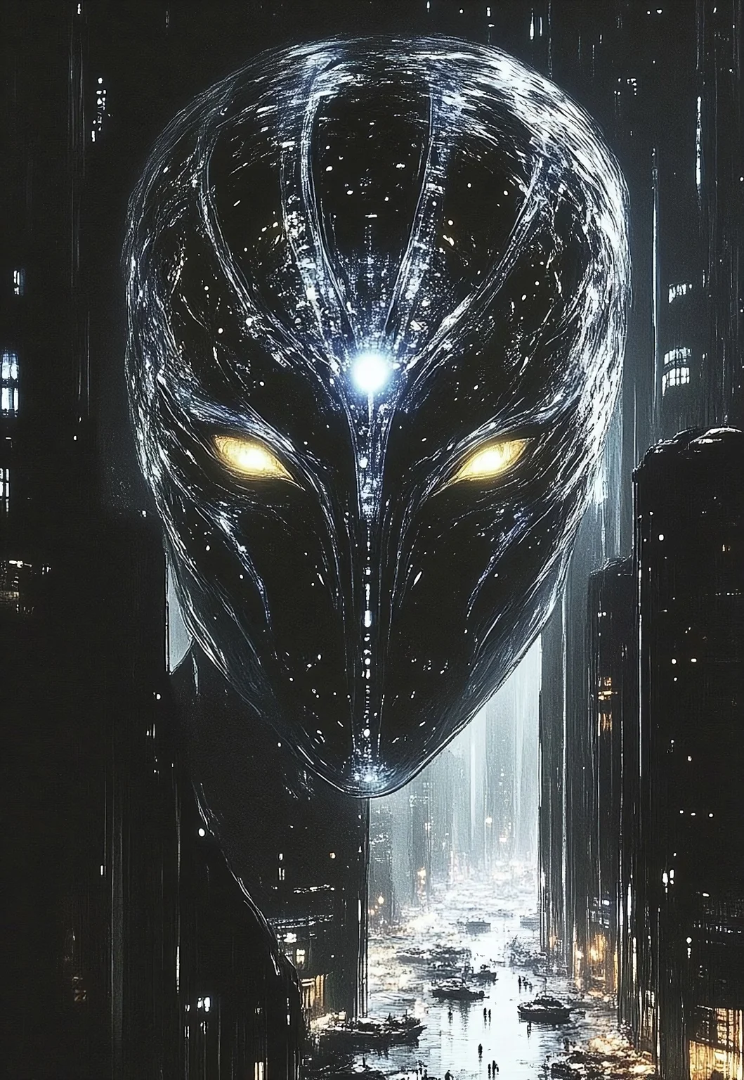 fg, Ghost in the Shell, an uploaded consciousness finds itself trapped in the Ethereal Grid. Forces his introspection as an incorporeal, transparent digital spirit. The face of the digital spirit shows visible interlacing and tearing effects. The face occupies two-thirds of the image. Behind the face, the sharp outlines of a City, named R'lyeh, the Sacred Stone City. Use lumen for dynamic lighting and reflective surfaces, employ ray tracing to make these effects even more realistic. Overall, the painting with a focus on detailed textures and dramatic lighting features a monochromatic scheme, primarily with shades of black, white, and gray.