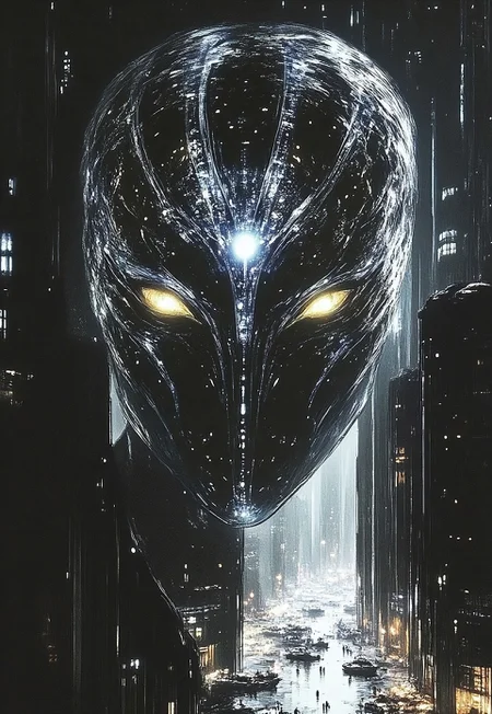 fg, Ghost in the Shell, an uploaded consciousness finds itself trapped in the Ethereal Grid. Forces his introspection as an incorporeal, transparent digital spirit. The face of the digital spirit shows visible interlacing and tearing effects. The face occupies two-thirds of the image. Behind the face, the sharp outlines of a City, named R'lyeh, the Sacred Stone City. Use lumen for dynamic lighting and reflective surfaces, employ ray tracing to make these effects even more realistic. Overall, the painting with a focus on detailed textures and dramatic lighting features a monochromatic scheme, primarily with shades of black, white, and gray.