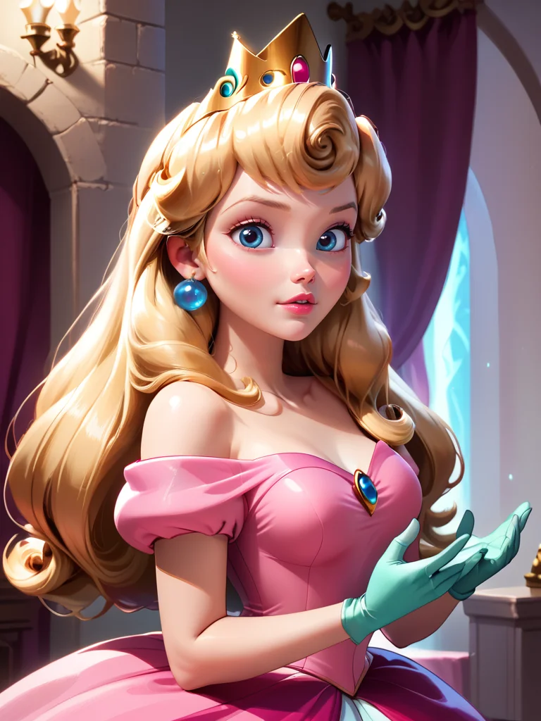 score_9, score_8_up, score_7_up, princess aurora, aurora, A stylized character with long blonde hair and a crown, extending her hand towards the viewer, princess peach, 1girl, solo, long hair, breasts, looking at viewer, blue eyes, hair ornament, dress, upper body, parted lips, green gloves, indoors, off shoulder,
<lora:princess_rc_pony_v2:0.8>