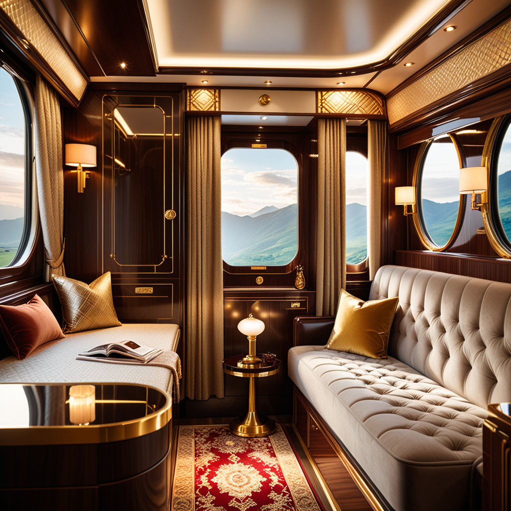 A cozy and luxurious private cabin in a premium train, designed for relaxation and comfort during long journeys. The cabin features rich wooden paneling with a glossy finish, creating a warm and inviting atmosphere. A plush seat upholstered in fine leather or velvet sits by a large window, with soft, golden light streaming in through partially drawn curtains made of heavy, textured fabric.
a vintage lamp with a brass base and a frosted glass shade, casting a soft glow. Above the seating area, a compact storage compartment holds a neatly folded blanket and a small travel bag.
The walls are adorned with subtle art deco patterns and a built-in mirror framed in polished metal. The floor is covered in a luxurious carpet with intricate designs in muted colors. Modern amenities, such as USB charging ports and a control panel for adjusting lighting and temperature, are discreetly integrated. The scene conveys a blend of timeless elegance and modern convenience, perfect for a high-end travel experience.
<lora:SDXLFaeTastic2400:0.4> <lora:extremely_detailed:0.4> extremely detailed, Masterpiece,best quality,hi res,8k,hi res,8k,award winning,(sharp focus, intricate, highly detailed),