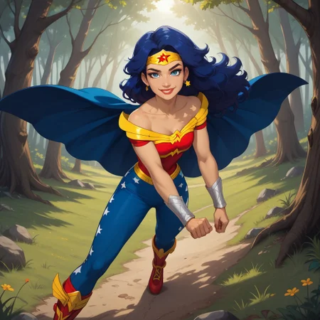 score_9, score_8, BREAK, solo, Diana_Prince_(DC_Super_Hero_Girls), Wonder Woman, blue eyes, long hair, navy-blue hair, dark skin, dark skin female, athletic, fit hourglass figure, earrings, hairband, red shirt with yellow highlights, blue jeans, star printed jeans, red boots, wings on boots, self portrait, smile, looking at viewer, outdoors, sunlight, shadows, evening lighting, natural lighting, forest, trees, grass, orange sky, sunset