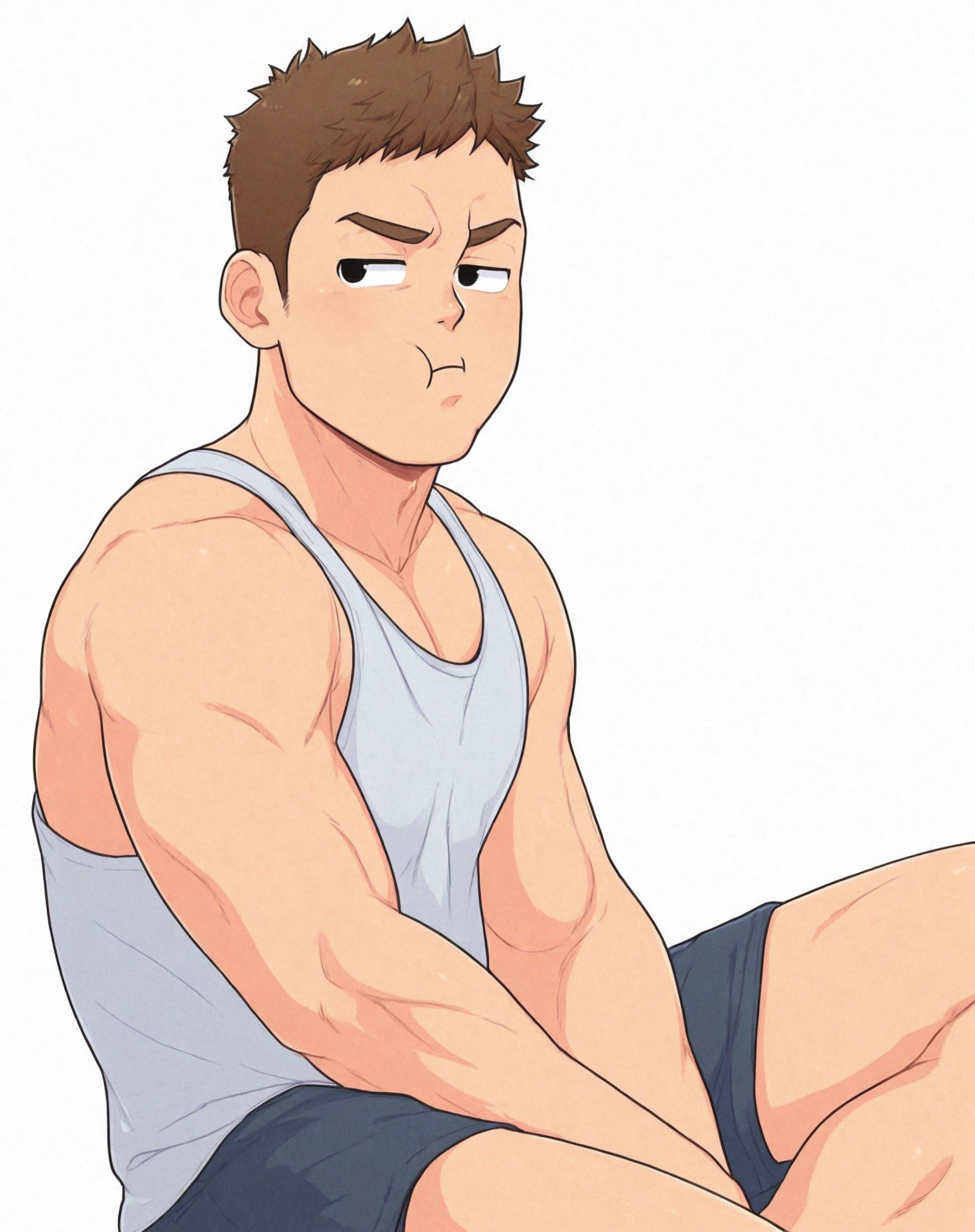 safe_pos, BREAK solo, 1boy, solo, brown hair, black eyes, short hair, pout, looking aside, sitting, shorts, tank top, simple background, muscular, BREAK white background,BREAK 2024, 2023, masterpiece, best quality, amazing quality, newest, highres,   <lora:GakuSuru:0.8>,