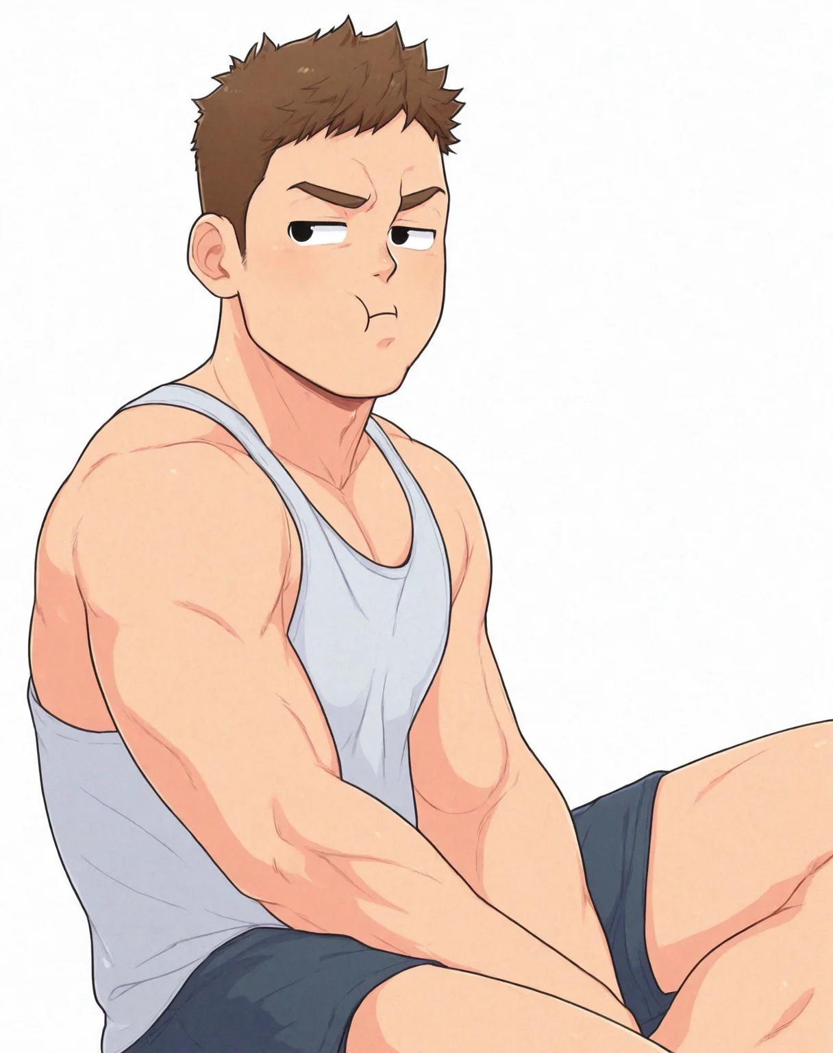 safe_pos, BREAK solo, 1boy, solo, brown hair, black eyes, short hair, pout, looking aside, sitting, shorts, tank top, simple background, muscular, BREAK white background,BREAK 2024, 2023, masterpiece, best quality, amazing quality, newest, highres,   <lora:GakuSuru:0.8>,