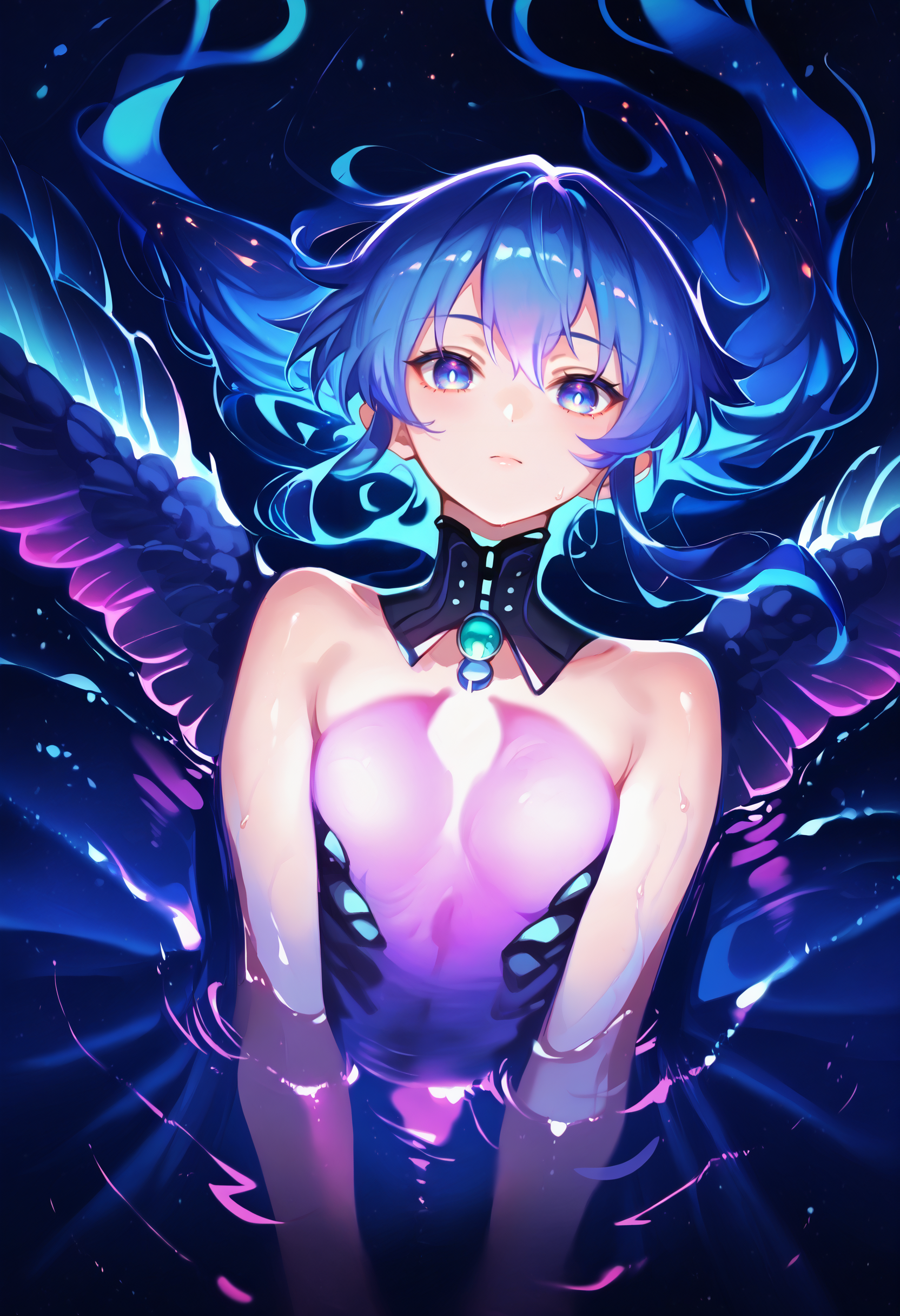 score_9, score_8_up, score_7_up, score_6_up, source anime,
ultraviolet, bioluminescence, phytoplankton, 1girl, seraph, feathered wings, multiple wings, solo, glowing skin, backlighting, looking at viewer, blue hair, colored skin, blue eyes,
lanr, upper body, glowing chest, from above, on back, partially submerged, ocean, reflective water, hair censor, long hair, floating hair,
outdoors, night, night sky,
<lora:ultraviolet_raver_reg_v10:0.8>
<lora:bioluminescence_monmusu_v15:0.8>
<lora:naip33:0.4>
