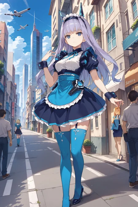 score_max, (score_9, score_8_up, score_7_up:1.2), score_6_up, official art,
masterpiece, absurdres, high detail, 8k,
outdoors, city, street, skyscraper, blue sky, aircraft,
standing, hand up, expressionless,
ddpmaria, headgear, hairband, headdress, frills, neck ribbon, dress, short sleeves, wrist cuffs, black skirt, garter straps, blue thighhighs, heels
<lora:XL_Pony_gomaotsu-maria-t3:1.0>