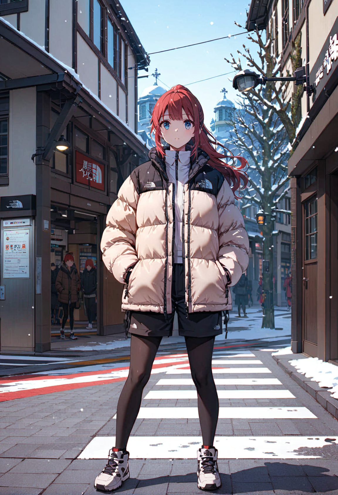 cowboy body shot,1girl,solo,intense crimson hair,long hair,ponytail,bangs,beautiful eyes,blue eyes,tnf_nuptse,the north face white nuptse puffer jacket, hands in pockets, jacket,shorts,leggings,sneakers,hands in pocket,harajukueki, storefront, real world location, outdoors, tree, street, road, scenery, sky, lamppost, building, crosswalk, pavement, blue sky, vanishing point,snowing,snow,masterpiece,best quality,ultra detailed, <lora:pufferdown_tnf_nuptse:0.6>, <lora:add-detail-xl:1>, <lora:harajuku_eki_SDXL_1.0_V1:0.8>