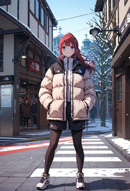 cowboy body shot,1girl,solo,intense crimson hair,long hair,ponytail,bangs,beautiful eyes,blue eyes,tnf_nuptse,the north face white nuptse puffer jacket, hands in pockets, jacket,shorts,leggings,sneakers,hands in pocket,harajukueki, storefront, real world location, outdoors, tree, street, road, scenery, sky, lamppost, building, crosswalk, pavement, blue sky, vanishing point,snowing,snow,masterpiece,best quality,ultra detailed, <lora:pufferdown_tnf_nuptse:0.6>, <lora:add-detail-xl:1>, <lora:harajuku_eki_SDXL_1.0_V1:0.8>