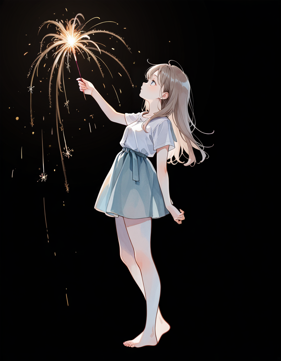 score_7_up, anime BREAK official art, solo, 1girl, one girl, 
<lora:temochihanabi:1>, temochihanabi, 
 1girl, solo, black background, magic, star, hand-held fireworks, fireworks art,
(masterpiece:1.3), best quality, high resolution, unity 8k wallpaper, extremely detailed CG, 8K, (watercolor \(medium\), muted color, sketch:1.1), perfect anatomy, highly finished, masterpiece, best quality, high quality, amazing quality, great quality, very aesthetic, ultra detailed, highres, absurdres, highly detailed, highly detailed background,