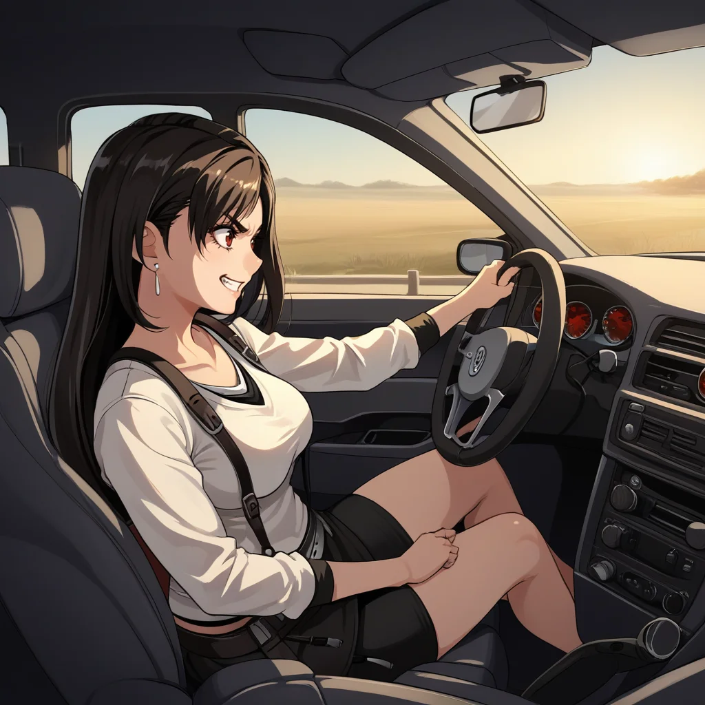 score_9, score_8_up, score_7_up, score_6_up, score_5_up, score_4_up, zPDXL2,source_anime,rating_questionable,1girl, solo, smile, <lora:Driving:0.8> dr1v3, car interior, motor vehicle, steering wheel, driving, sitting, tifa lockheart, angry, wind, sunset