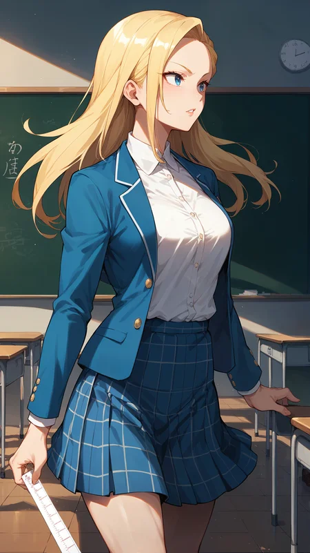 score_9,score_8_up,score_7_up,score_6_up, <lora:xl_more_art-full_v1:0.5>, source_anime, woman, dynamic pose, walking, <lora:Ryuko Tsuchikawa (Pixie-Bob) - Pony:0.8>, long hair, blonde hair, side-swept bangs, forehead, teacher, white shirt, plaid skirt, blue skirt, blue jacket, classroom, holding a ruler, chalkboard, teaching,