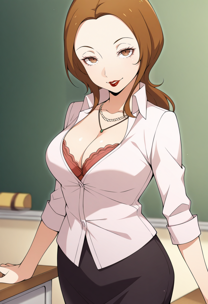 masterpiece, best quality, 1girl, solo, looking at viewer, cowboy shot, seductive smile, classroom
<lora:zs_KashiwagiILLU:1> k4sh1wagip4, brown hair, long hair, brown eyes, lipstick, mature female, necklace, shirt, cleavage, bra, black skirt,