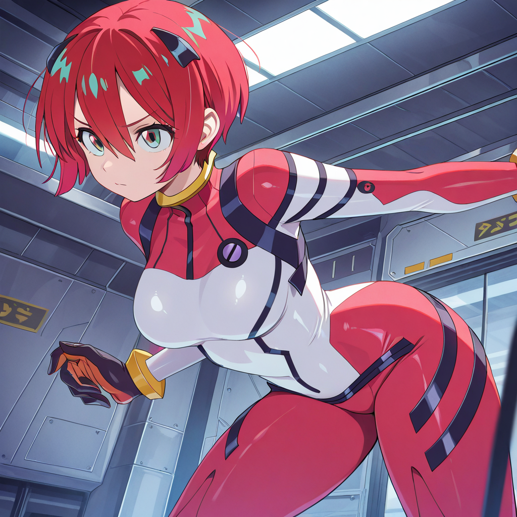 amate yuzuriha,1girl,solo,
amate yuzuriha \(mecha pilot suit \),
red hair,multicolored hair,short hair,aqua eyes,multicolored eyes,
plugsuit,gloves,two-tone bodysuit,
indoors,dynamic pose,
masterpiece,best quality,amazing quality,very aesthetic,absurdres,