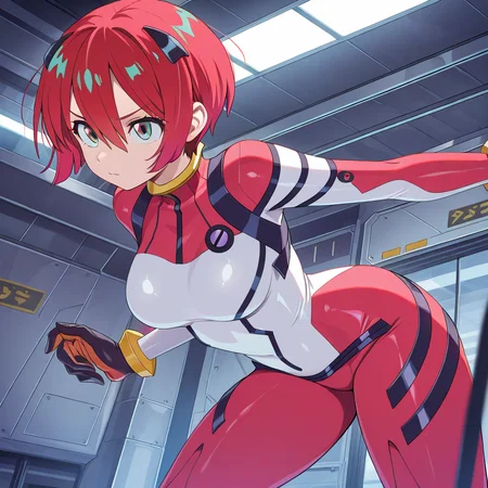 amate yuzuriha,1girl,solo,
amate yuzuriha \(mecha pilot suit \),
red hair,multicolored hair,short hair,aqua eyes,multicolored eyes,
plugsuit,gloves,two-tone bodysuit,
indoors,dynamic pose,
masterpiece,best quality,amazing quality,very aesthetic,absurdres,