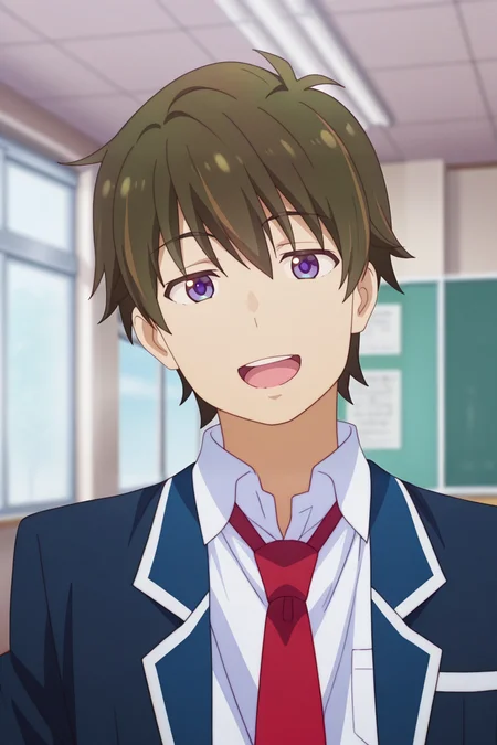 masterpiece, best quality, amazing quality,high resolution, intricate details,official style,depth of field,anime screencap, , , 1boy, solo, male focus,  <lora:Wataru_Sajo:0.93>,wataru sajo,dark brown hair,purple eyes,short hair,open mouth,smile, shirt, jacket, school uniform, white shirt, upper body, open clothes, teeth, necktie, collared shirt, indoors, open jacket, upper teeth only, blazer, red necktie,looking at viewer,school,