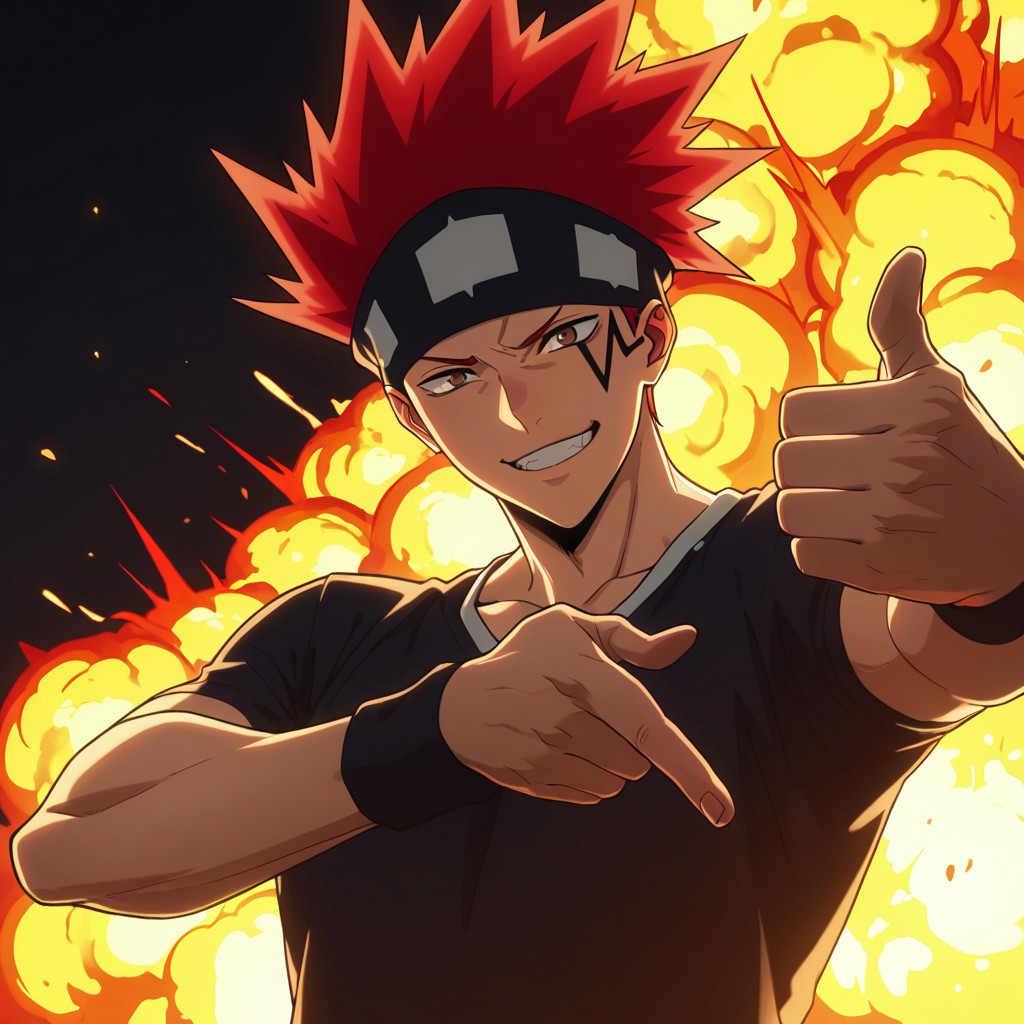 masterpiece, best quality, amazing quality, absurdres, newest, detailed background, definition so sharp, Ultra-HD, 8K cinematic, very awa, impressionate, amazing quality, highres, 
solo, male focus, manly, 
1boy, d0tb_red hair, d0tb_brown eyes, d0tb, spiked hair, facial tattoo, headband, explosion,
pointing, taunting gesture, playful grin, athletic wear, track, bright lighting, energetic, competitive, hot-blooded, cheeky, cool,