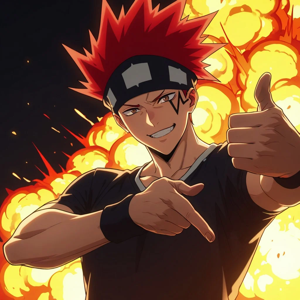 masterpiece, best quality, amazing quality, absurdres, newest, detailed background, definition so sharp, Ultra-HD, 8K cinematic, very awa, impressionate, amazing quality, highres, 
solo, male focus, manly, 
1boy, d0tb_red hair, d0tb_brown eyes, d0tb, spiked hair, facial tattoo, headband, explosion,
pointing, taunting gesture, playful grin, athletic wear, track, bright lighting, energetic, competitive, hot-blooded, cheeky, cool,