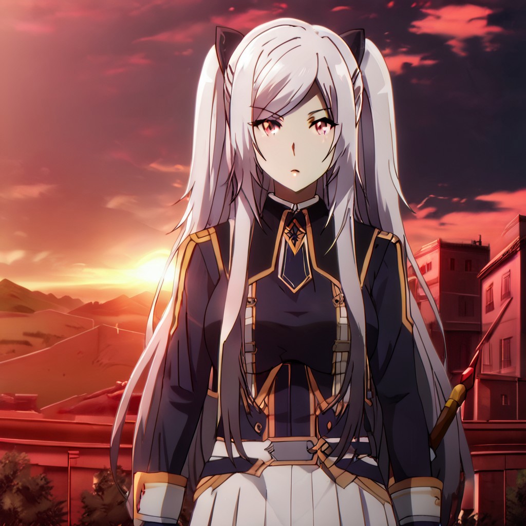 Black hair ribbon, gray hair, long hair, twintails, red eyes, large breasts, two side up, single hair bun, ponytail, wearing a shiny silver knight's armor with intricate engravings, holding a sword, standing on a battlefield at sunset, dark clouds in the sky, dramatic and intense atmosphere