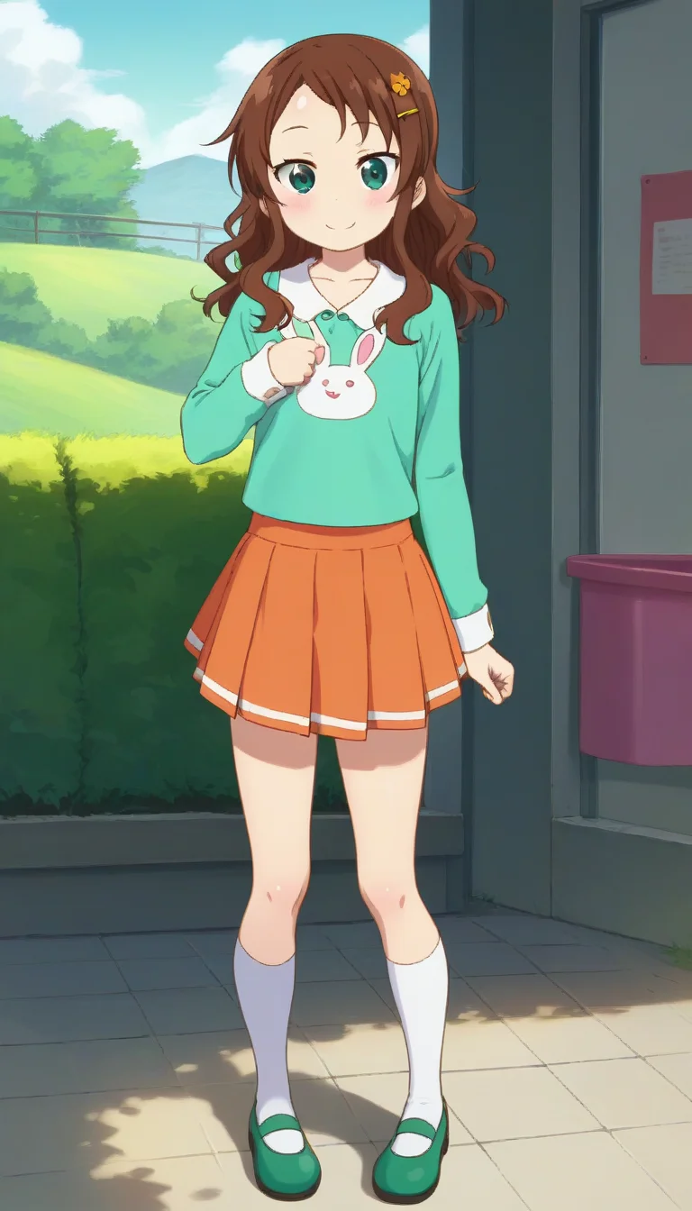 score_9,score_8_up,score_7_up,score_6_up BREAK official art,solo,outdoors,upper body,(portrait:1.5),looking at viewer,facing viewer,smile,blush,Riko Saikawa,female child,brown hair,long hair,curly hair,hair ornament,hair flower,hairclip,sidelocks,forehead,parted bangs,aqua eyes,collarbone,aqua shirt,animal print,bunny print,long sleeves,flat chest,orange skirt,pleated skirt,white socks,mary janes,green footwear,<lora:Riko Saikawa(mkdm)-Pony:1.4>,
