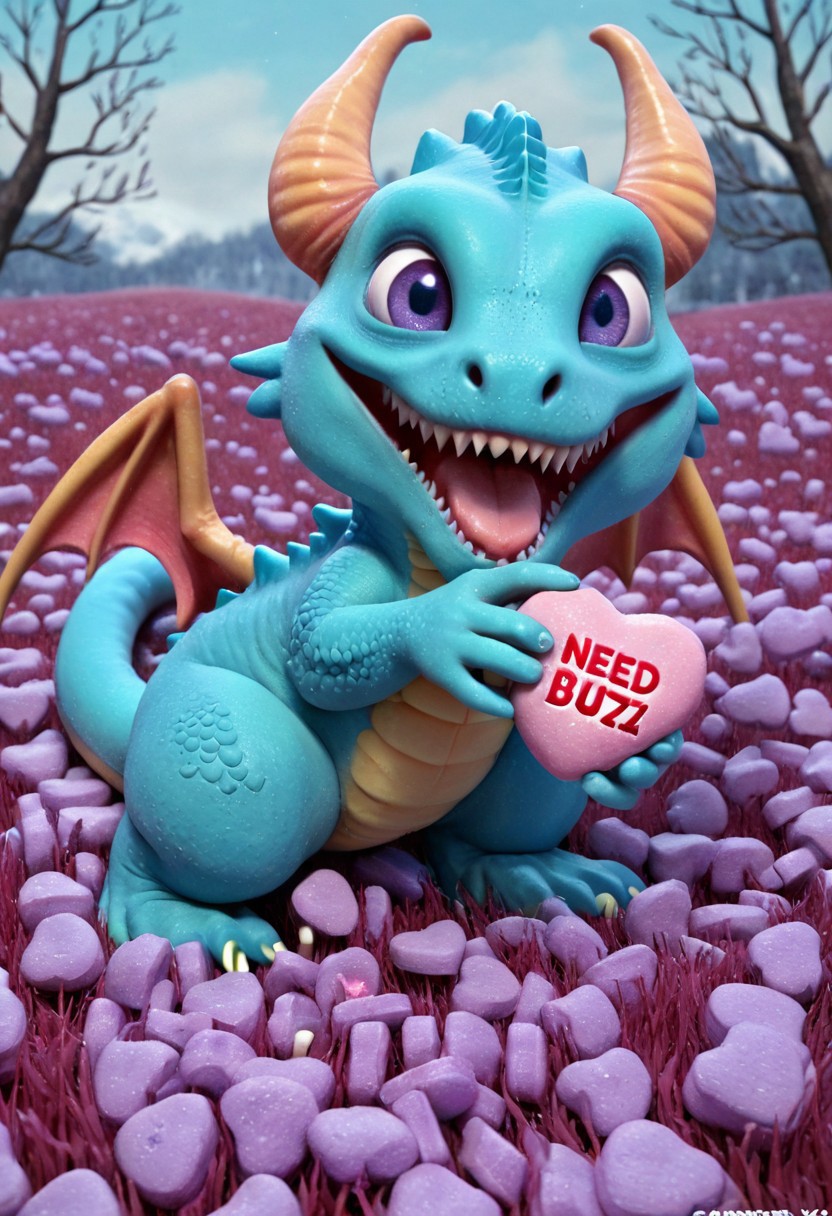 <lora:Expressionism_CartoonsSDXL:1> cute little dragon , in winter meadow, detailed background, close-up shot, text "need buzz",<lora:Candyhearts:0.7>, <lora:add-detail-xl:1>. High detailed style life advertising photo.