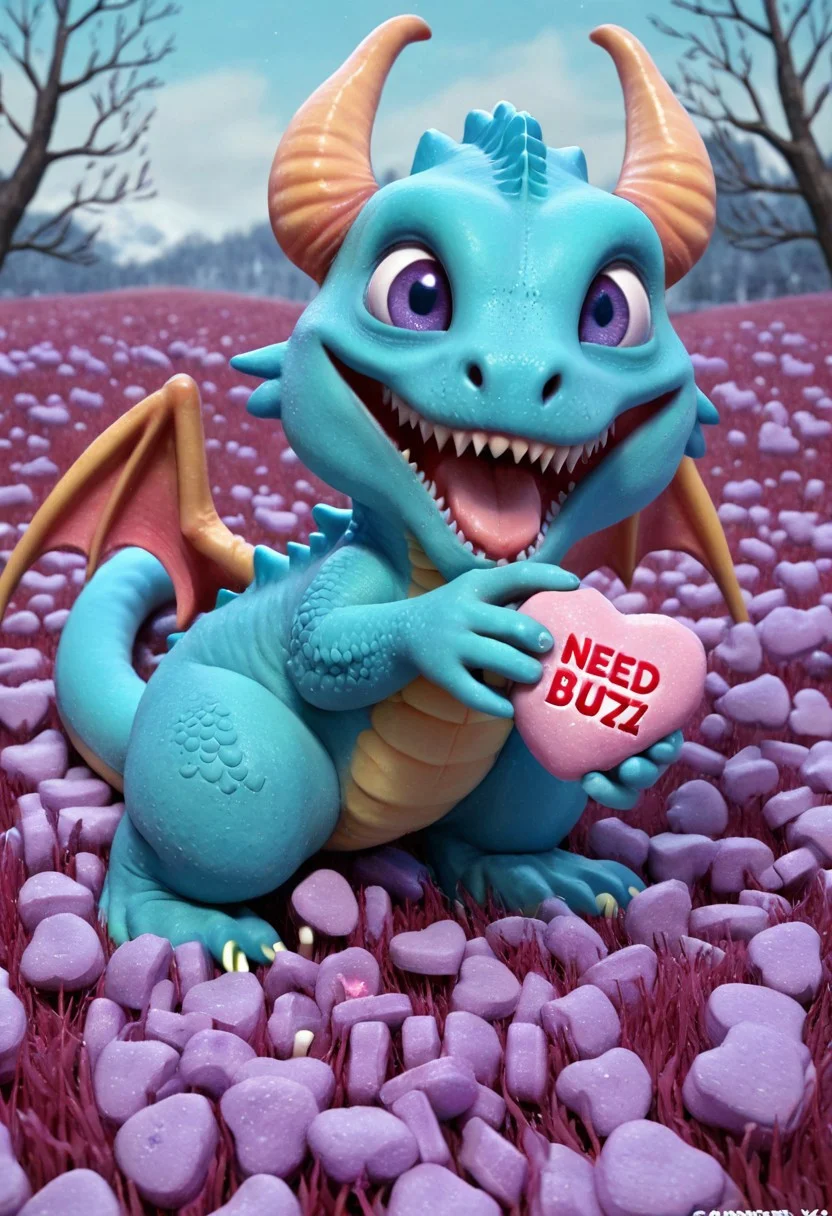 <lora:Expressionism_CartoonsSDXL:1> cute little dragon , in winter meadow, detailed background, close-up shot, text "need buzz",<lora:Candyhearts:0.7>, <lora:add-detail-xl:1>. High detailed style life advertising photo.